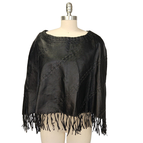 Vintage 90s Black Leather Womans Poncho Whip-Stich Fringe Goth Biker Moto